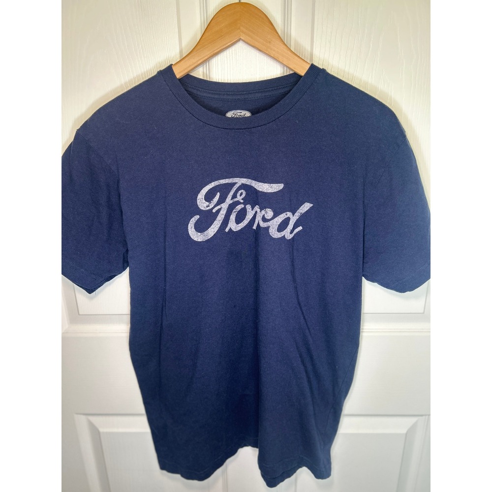 Ford T-Shirt Graphic Tee Large Navy Blue Gray Script Logo Cotton Mens